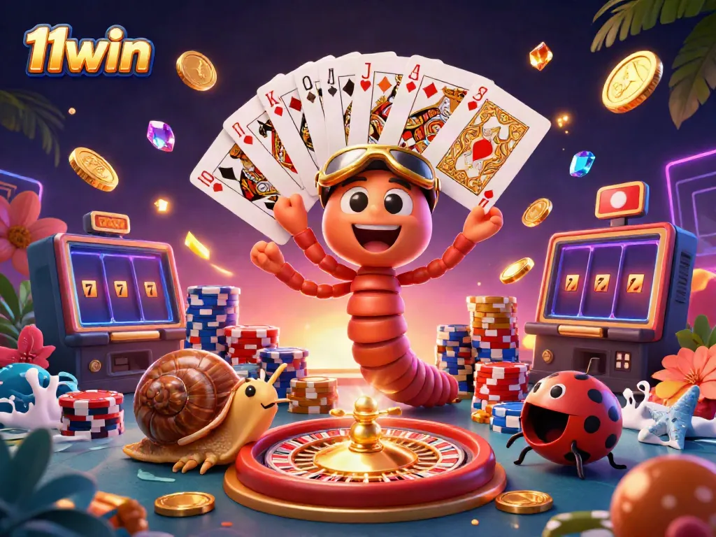 Engage with 11win's vibrant casino world featuring a whimsical millipede dealer and exciting game elements.