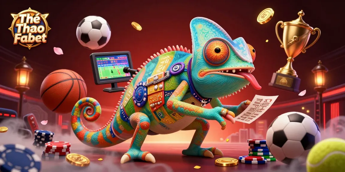 Engaging illustration showcasing Thể Thao Fabet with vibrant sports elements and a dynamic chameleon casino owner.
