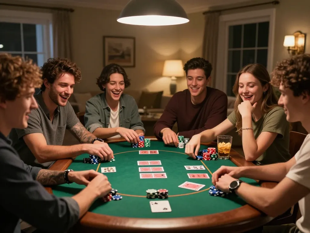 MM88 players enjoying a social poker night with vibrant chips and cards on the table.