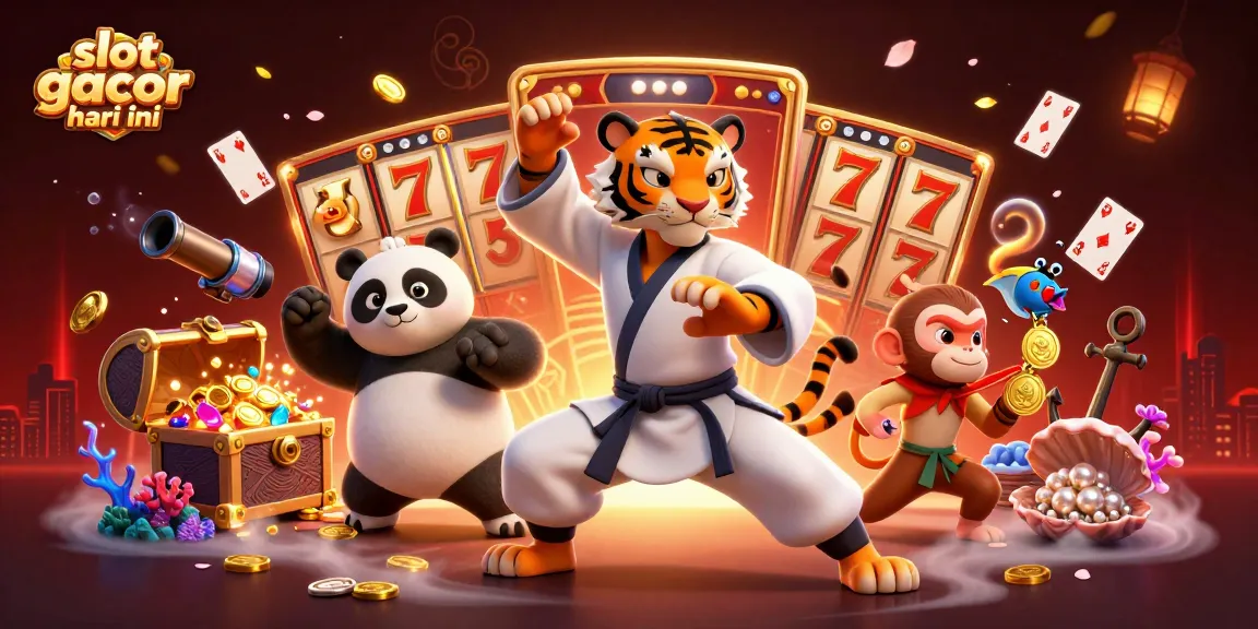 Slot gacor hari ini memperlihatkan tigrus kung fu mengajar, sambil dikelilingi simbol permainan slot yang berwarna-warni.