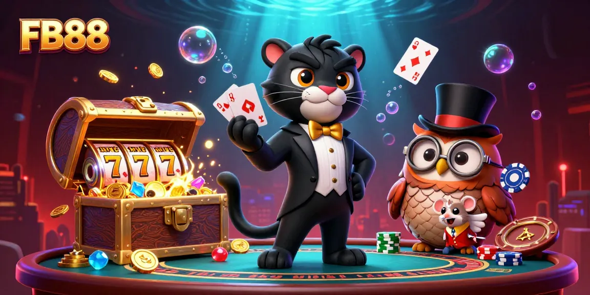 Experience exciting card dealing and poker with FB88's colorful casino scene featuring charming characters.