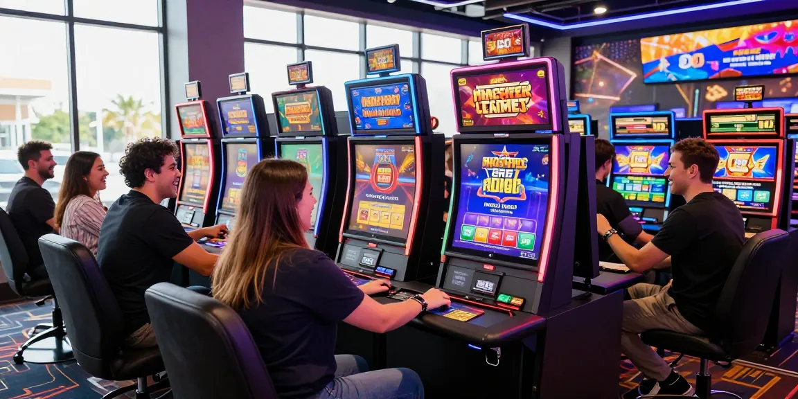 Players enjoying games at casinos that accept credit cards, vibrant atmosphere with colorful lights and modern setups.