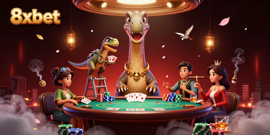 8xbet experience with a giant brontosaurus overseeing poker action at a whimsical casino.