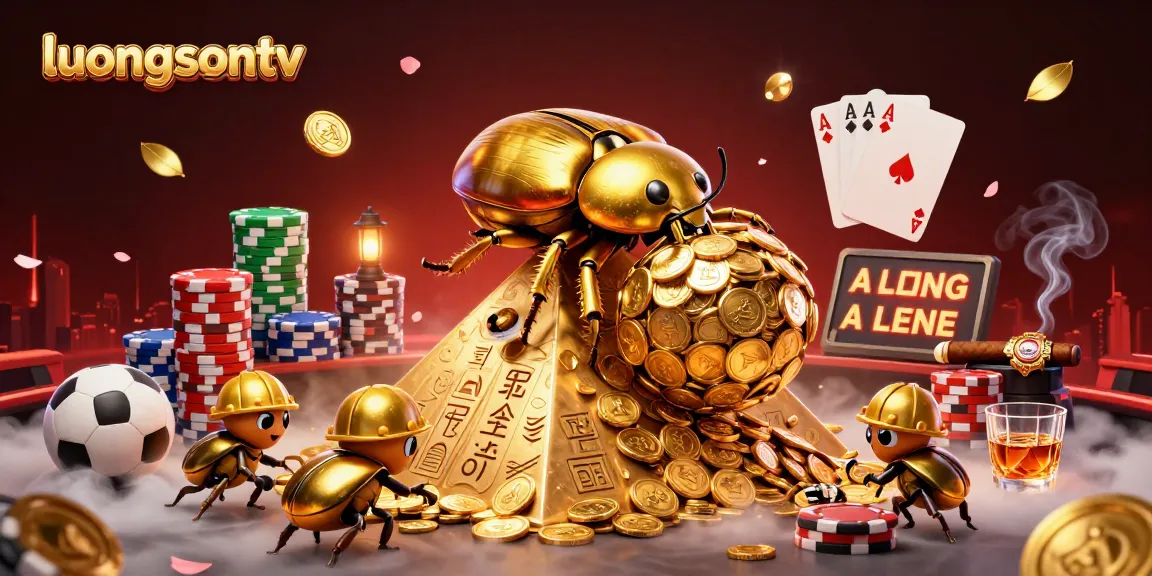 luongsontv showcases a cartoon beetle scene with sports balls and vibrant casino elements.
