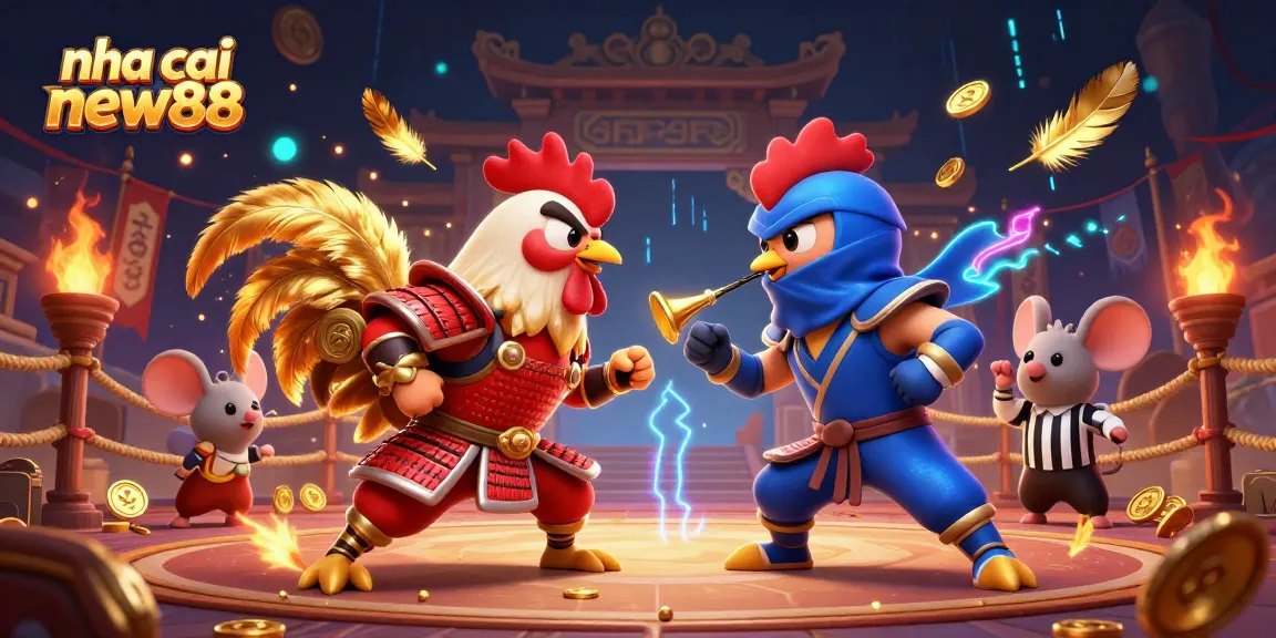 Play exciting games at nha cai new88 featuring warrior roosters and vibrant betting tokens.