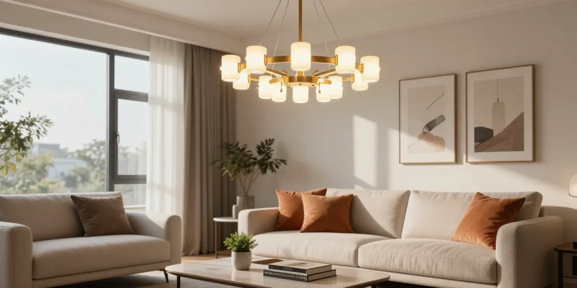 Candelabru LED elegant în living modern, cu lumină caldă și decor rafinat