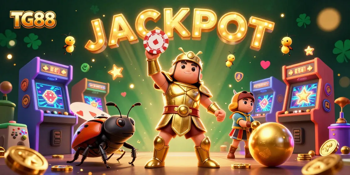 Experience thrilling games at TG88 with vibrant visuals of a beetle champion lifting a poker chip.
