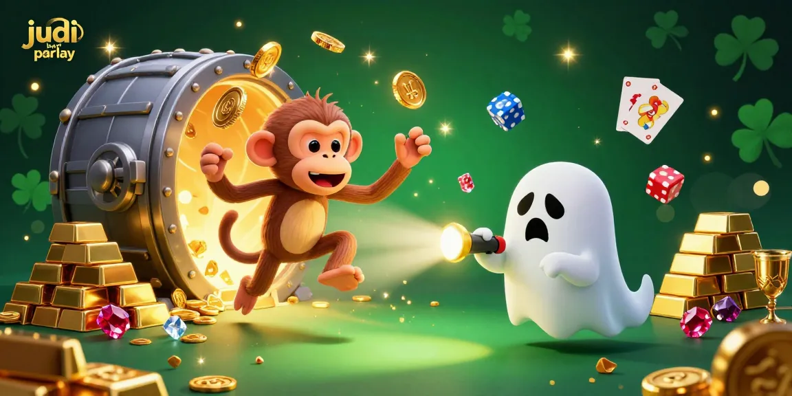 Experience thrilling judi bola parlay action in this vibrant 3D scene, showcasing a playful monkey and ghost-hunter puppy.