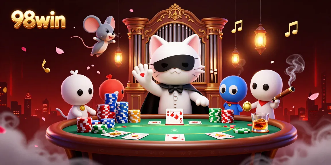 Engage with 98win's vibrant casino scene featuring an acrobat, poker elements, and a mystical ambiance.