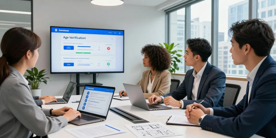 Team collaborating on an age verification system integration in a modern office.