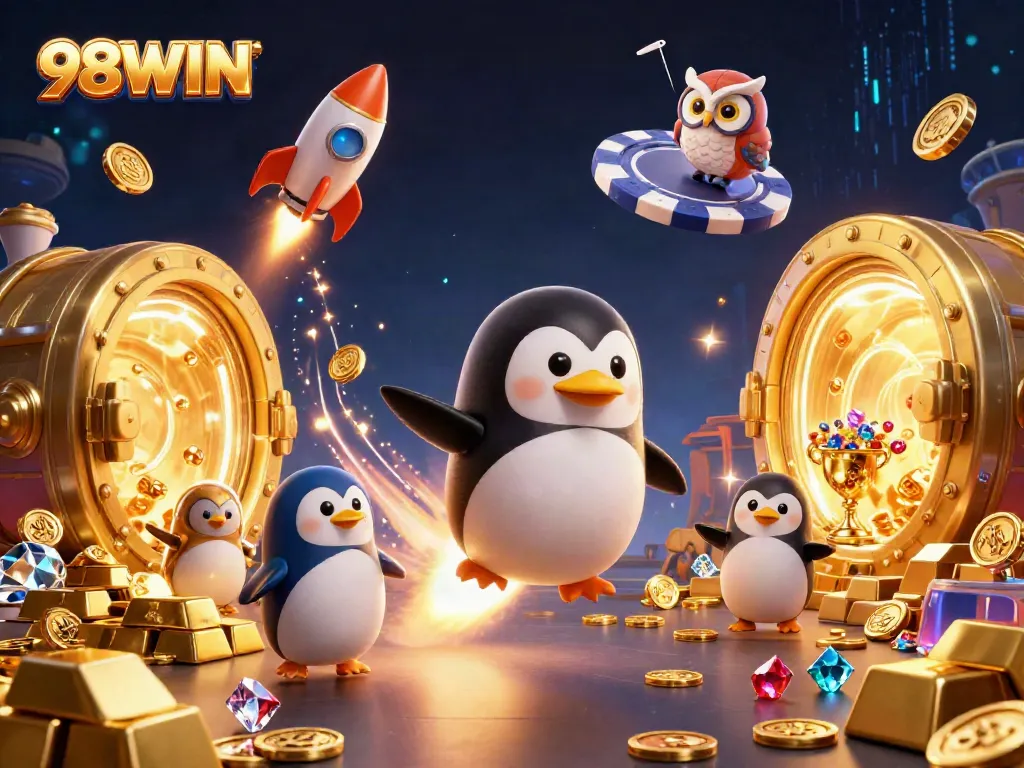 Experience thrilling gameplay at 98WIN with a golden penguin blasting through space to a majestic casino.