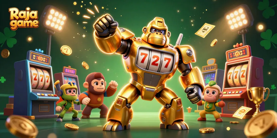 Engage in thrilling Raja game action, featuring dynamic slot machines and a golden gorilla mech.