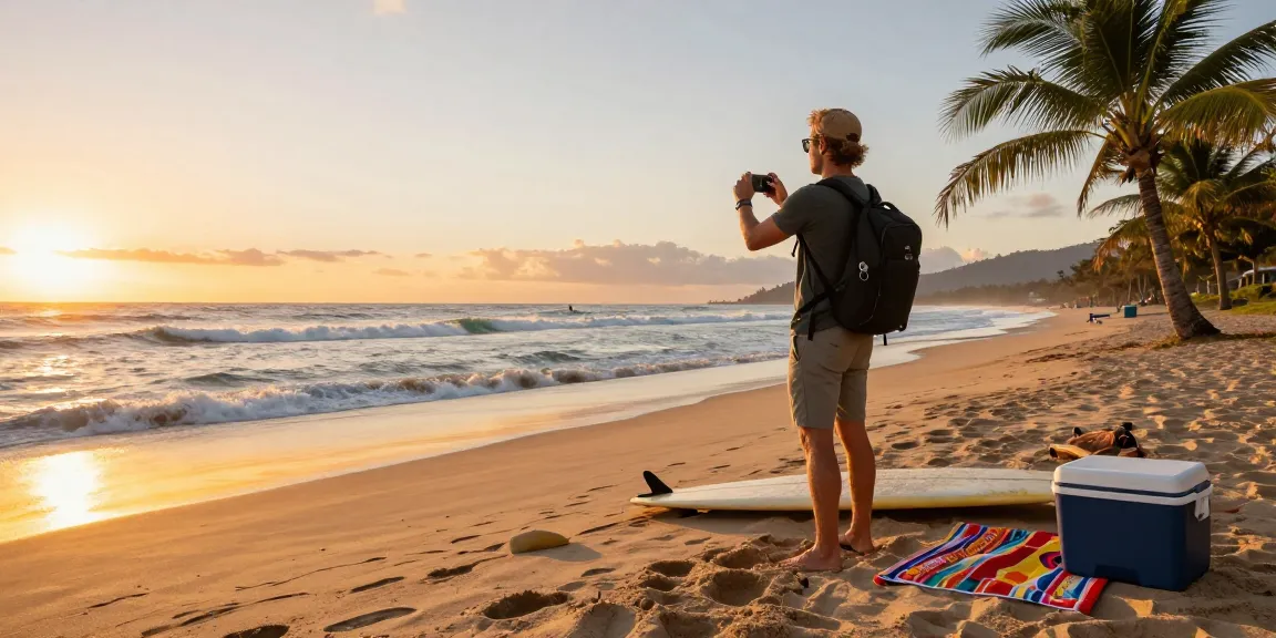 Traveler menikmati pemandangan pantai saat sunset dengan Link LUXURY777 di tangan.