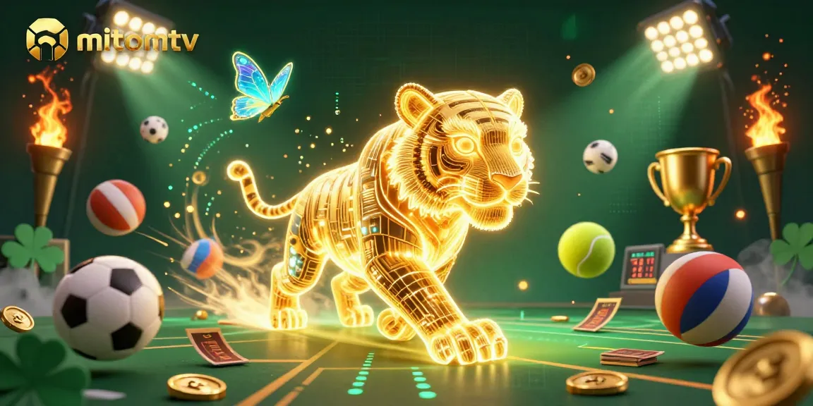 View the thrilling scene of mitomtv featuring a neon-wireframe tiger in a digital casino, surrounded by dynamic sports elements.