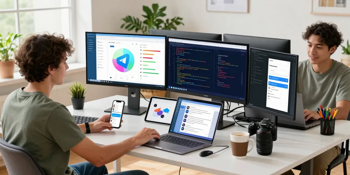 Explore telegramin-cn.com features in a vibrant tech workspace with developers collaborating on innovative app designs.