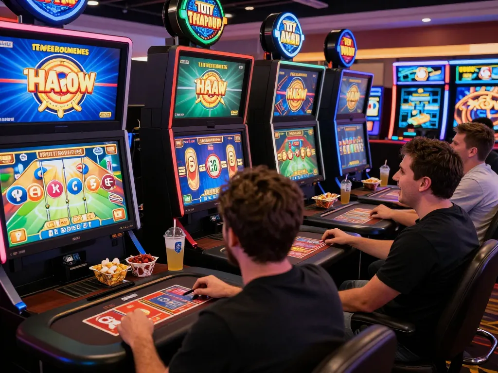 MM88 online casino players enjoying vibrant gaming atmosphere with interactive screens.
