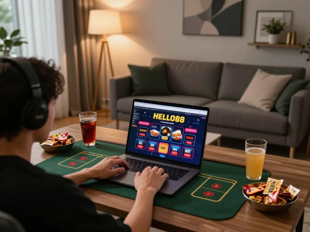 Engaging in online gaming on HELLO88 from a cozy home setup with laptop, snacks, and warm lighting