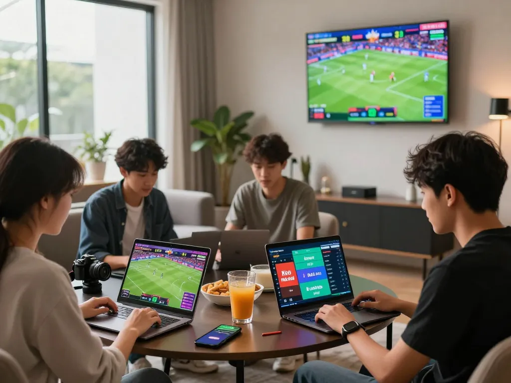 Engaged sports bettors analyzing Keo nha cai odds in a modern gaming lounge.