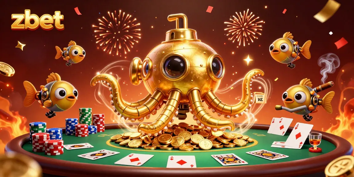 Zbet thrills with a vibrant scene featuring a golden kraken submarine amidst poker excitement.