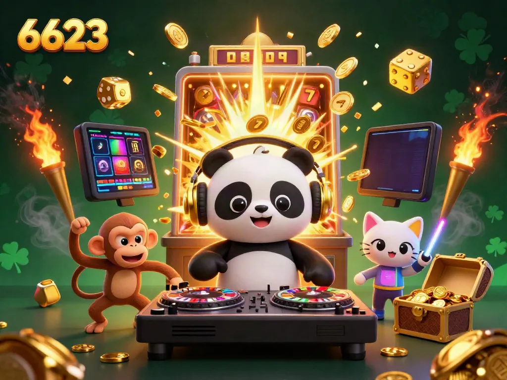 Experience the vibrant energy of 6623 with a DJ panda, breakdancing monkey, and glow-stick kitten amidst a jackpot explosion.