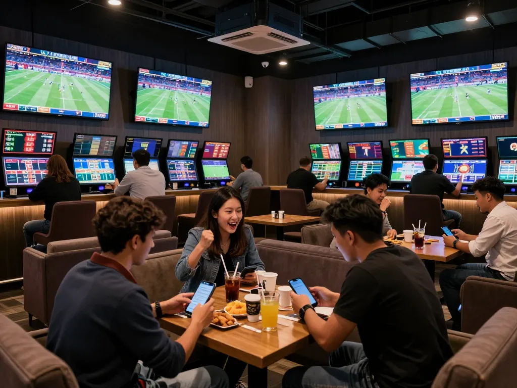 Engaged bettors analyzing kèo nhà cái while cheering for their favorite teams in a modern sports lounge