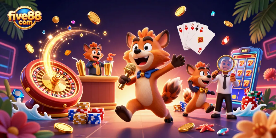 Experience the fun at five88 com with cartoon hyenas enjoying comedy and casino games!