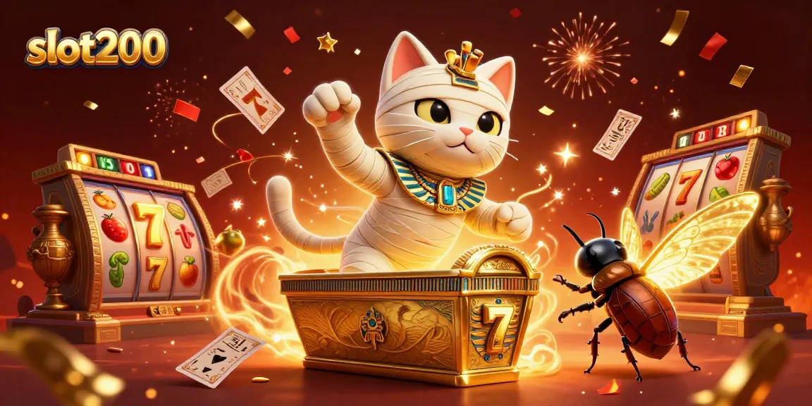 slot200 menampilkan kucing mummy dan scarab di kasino dengan simbol slot yang bersinar.