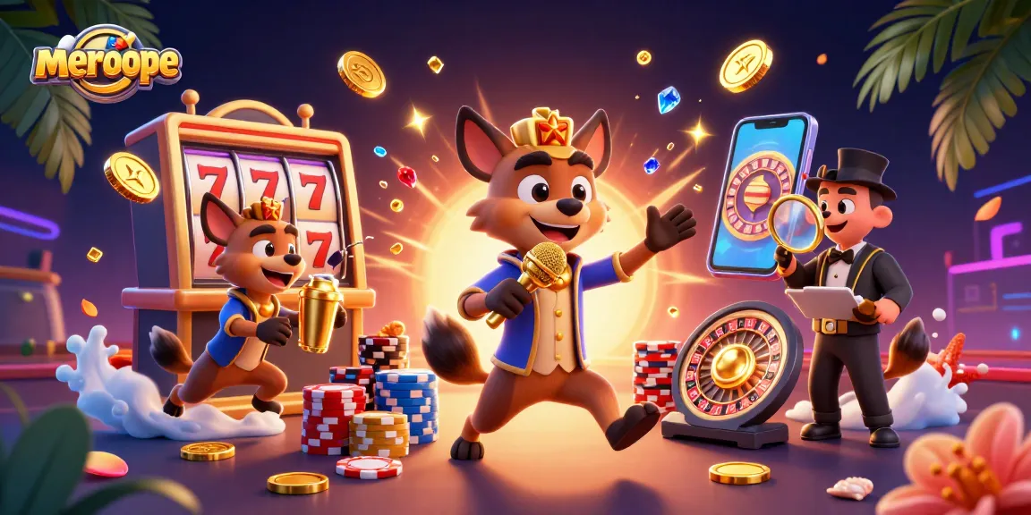 Meroope engages players in a vibrant casino scene with hyenas, lucky 7 slot reels, and colorful poker chips.