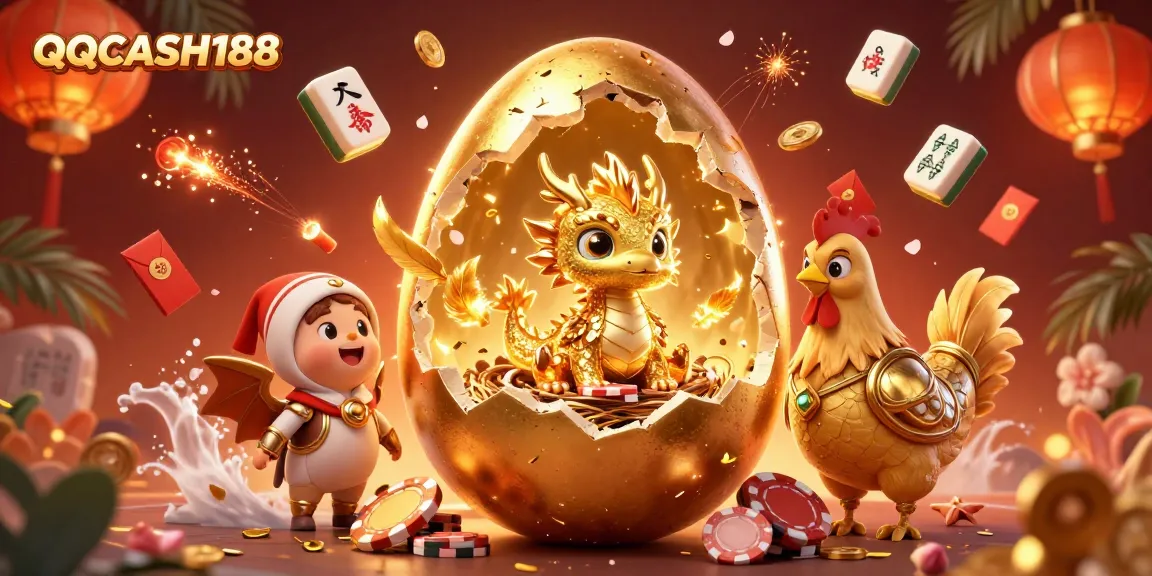 Play exciting games at QQCASH188, featuring a golden dragon and poker chips in a vibrant casino scene.