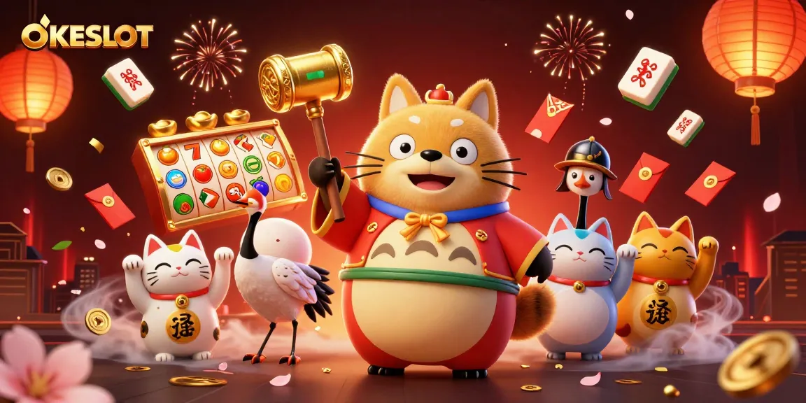 Menangkan permainan slot di OKESLOT dengan karakter beruntung seperti tanuki dan kucing maneki-neko.