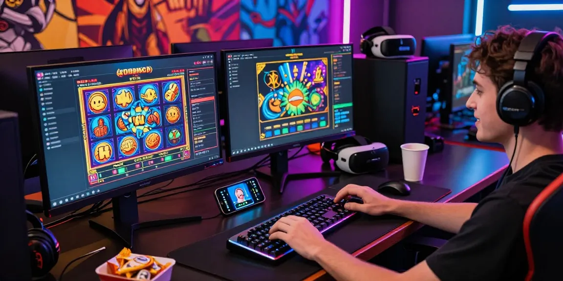 Player enjoying slot deposit 1k gaming in an exciting home setup with dynamic lighting and multiple screens.