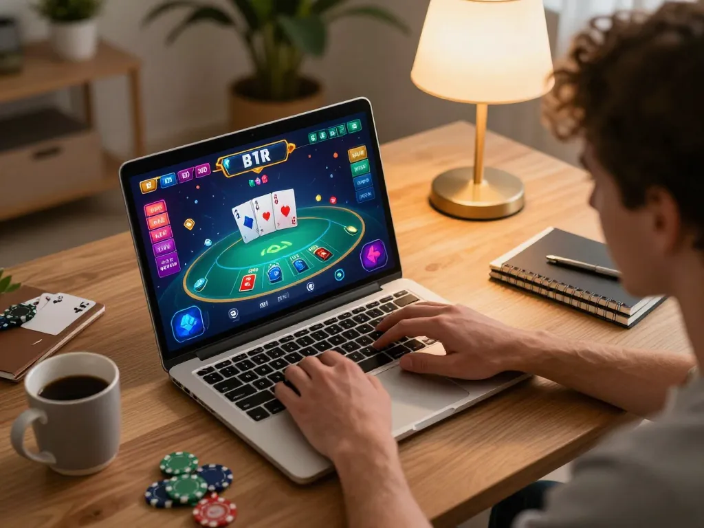 Player using Go99 platform for online poker, focused on cards and chips at a cozy home desk.