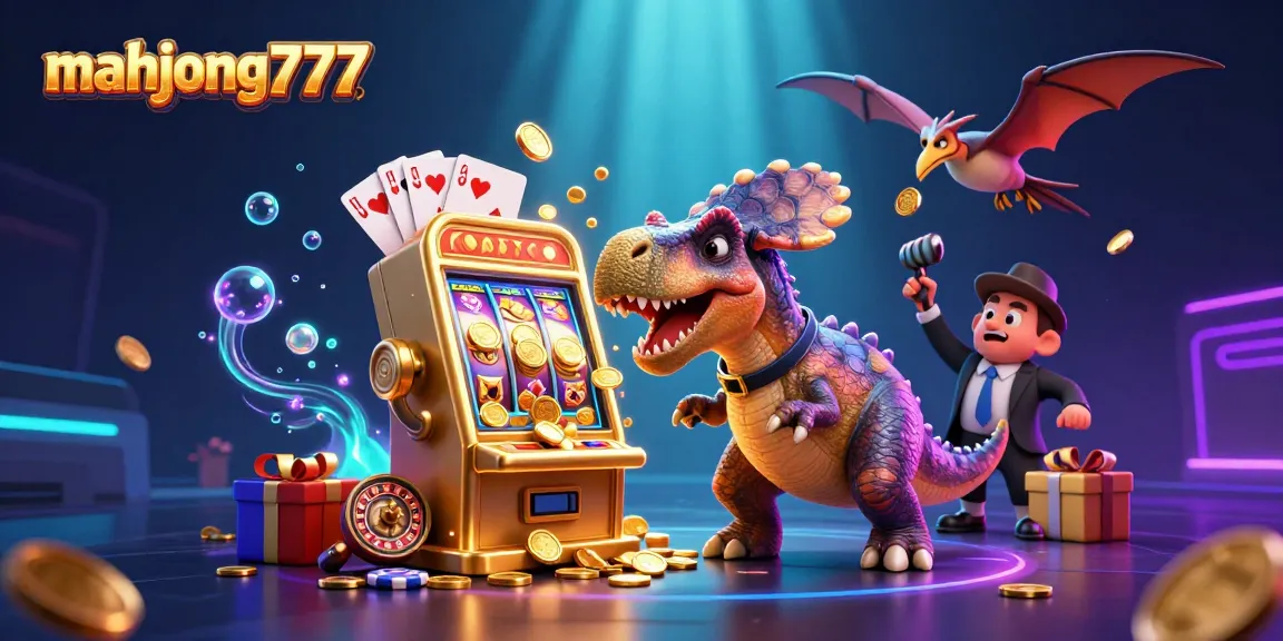 Experience excitement with mahjong777 as a cartoon dinosaur triggers a golden jackpot!