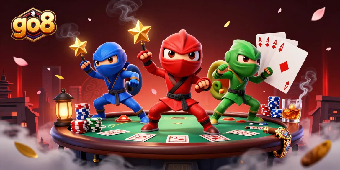 Engage in thrilling go8 casino action with colorful ninja chameleons mastering poker as colorful chips fly.