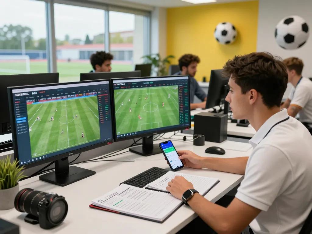 Football data analyst reviewing NOWGOAL live scores and statistics in a vibrant sports office environment.