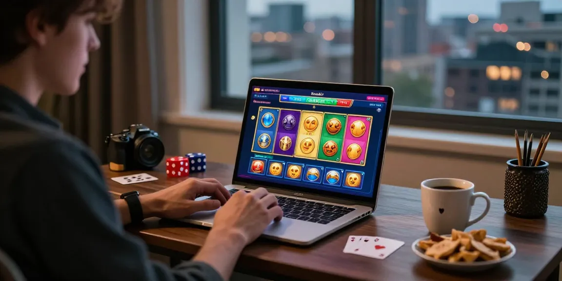 Player enjoying online casinos at https://eviz.org.uk with a laptop displaying vibrant game selections, creating a cozy and immersive gaming environment.