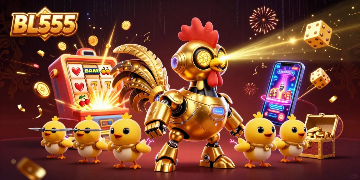 Engage with BL555's exciting gaming world, featuring detailed characters and vibrant casino elements.