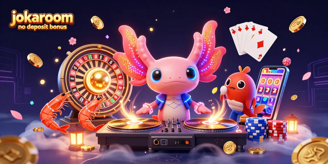 Experience the excitement of jokaroom no deposit bonus in this vibrant 3D casino scene featuring a DJ axolotl and glowing characters.