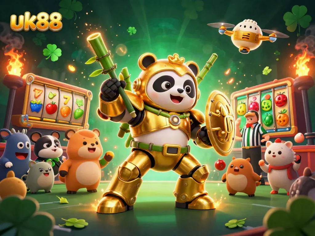 Join the exciting game action at uk88 with a golden panda piloting a robot among thrilled spectators.