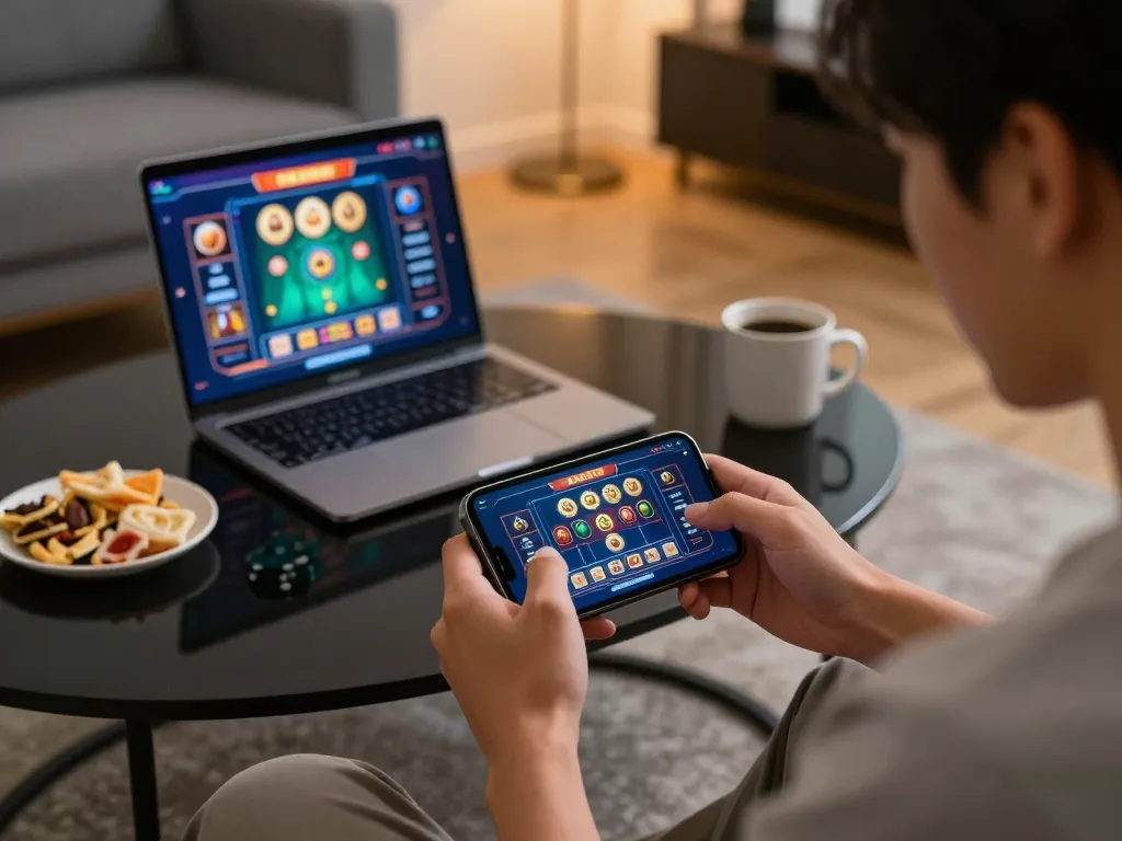 Tài xỉu gaming on a smartphone in a cozy living room with snacks and a laptop in view