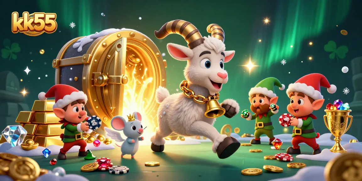 kk55 players revel in a festive casino setting with characters stealing poker chips amid glistening treasures.