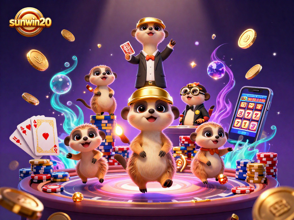 Experience excitement at sunwin20 with meerkats operating an elaborate casino, featuring golden coins and vibrant game elements.