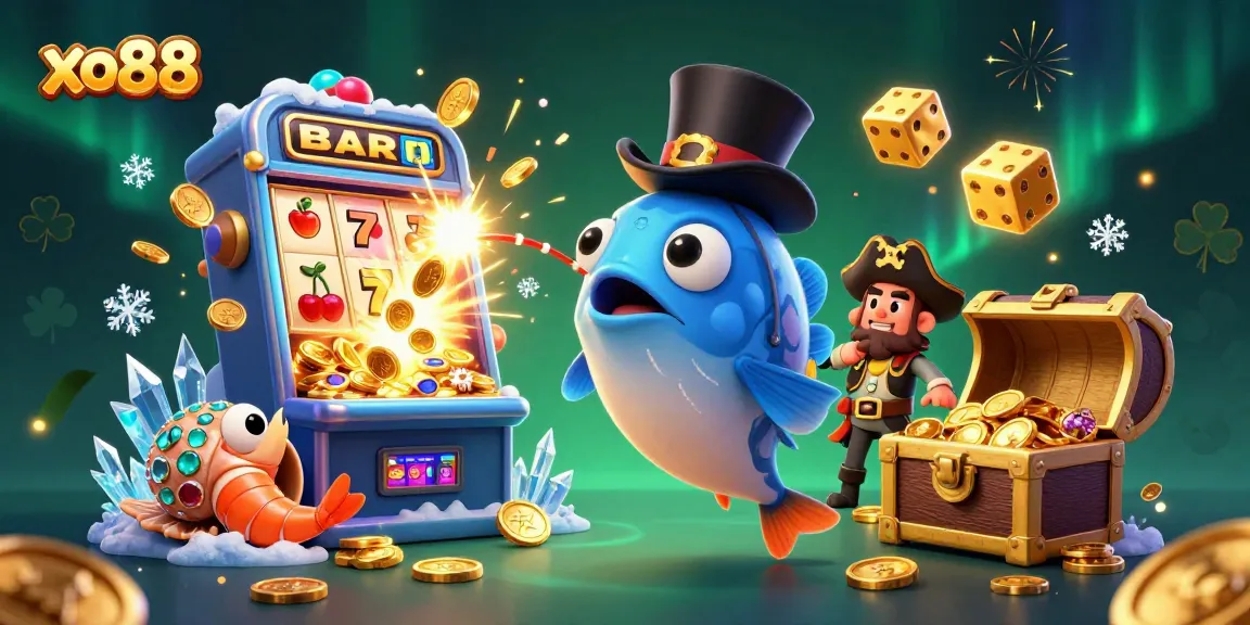 Spin the reels with xo88's vibrant 3D illustration featuring an anglerfish, shrimp, and sea snail combined with rich slot machine and casino elements.