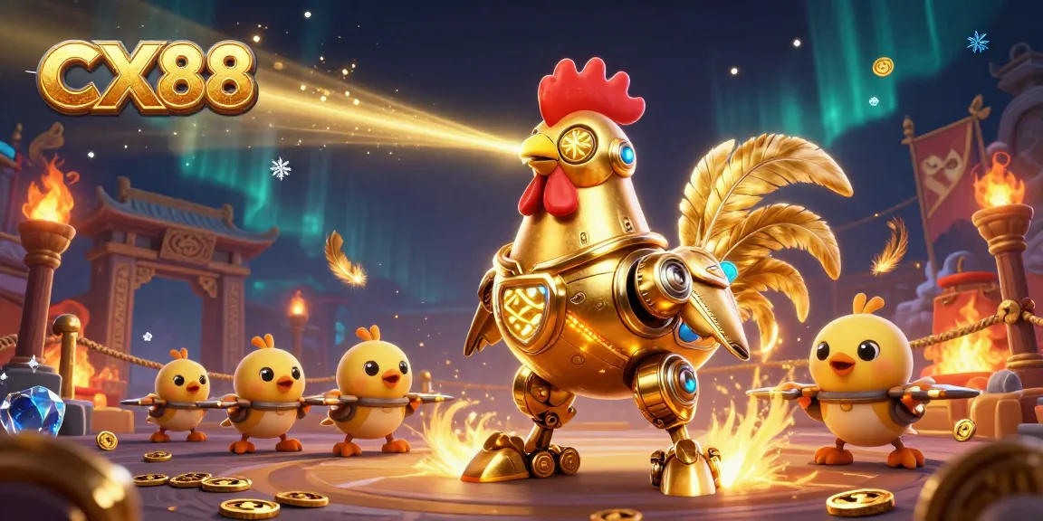 Engage in thrilling casino action with CX88's golden rooster robot and chick drones.