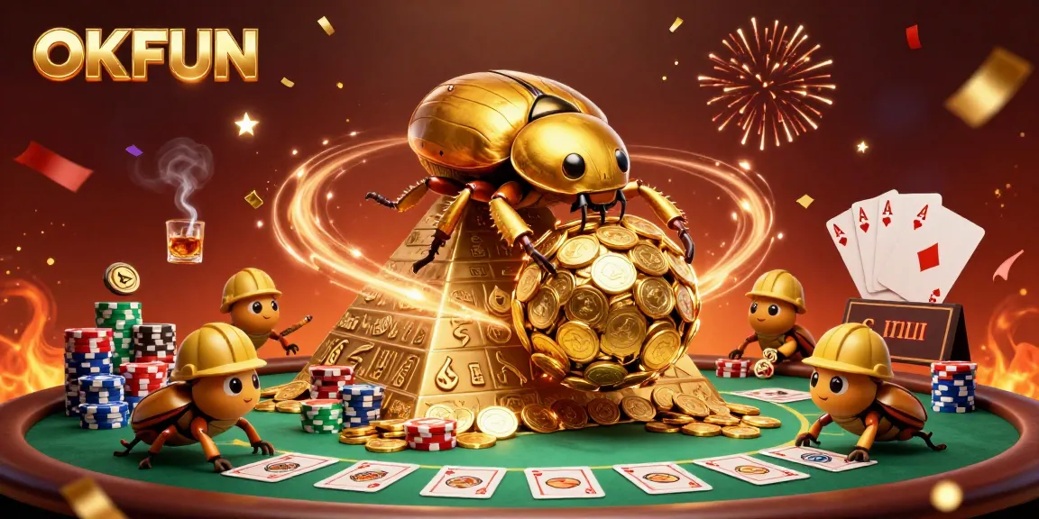 Experience the excitement of OKFUN with a vibrant casino scene, showcasing golden beetles and poker elements.