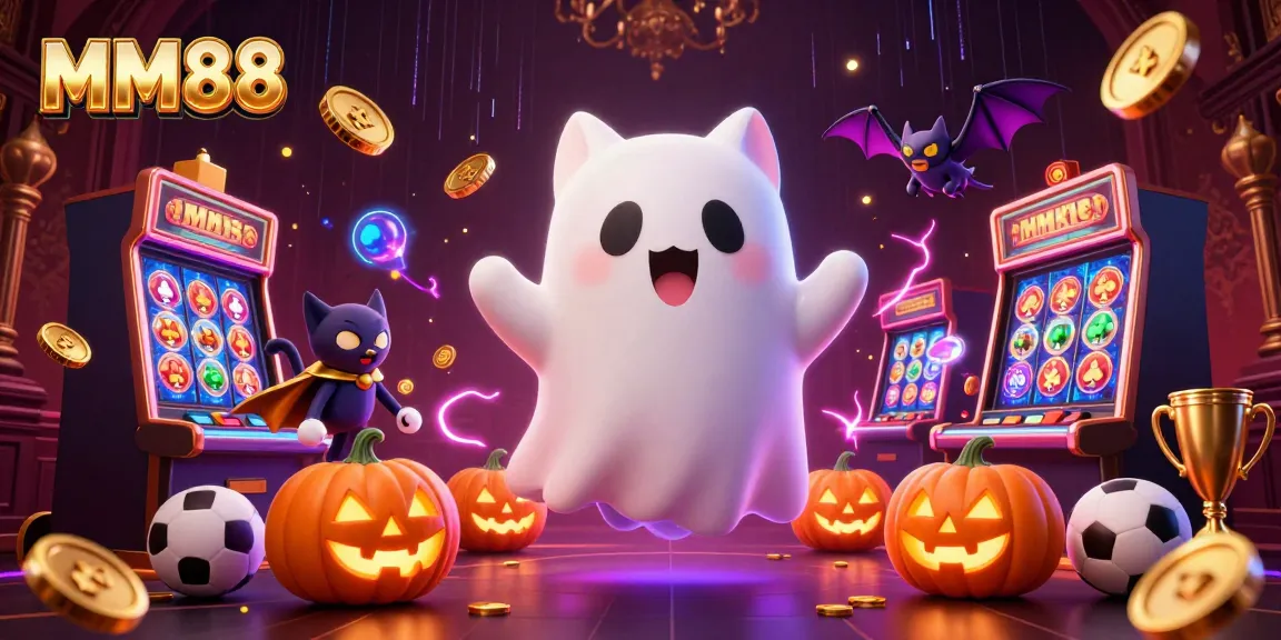 MM88 showcases thrilling gameplay with a friendly ghost cat in a casino adorned with glowing jack-o-lanterns.