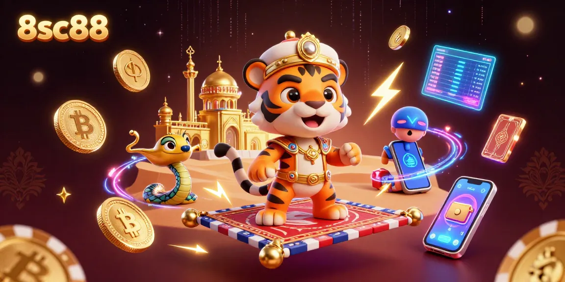 Engage with 8sc88's vibrant casino experience featuring a magical sultan and crypto elements.