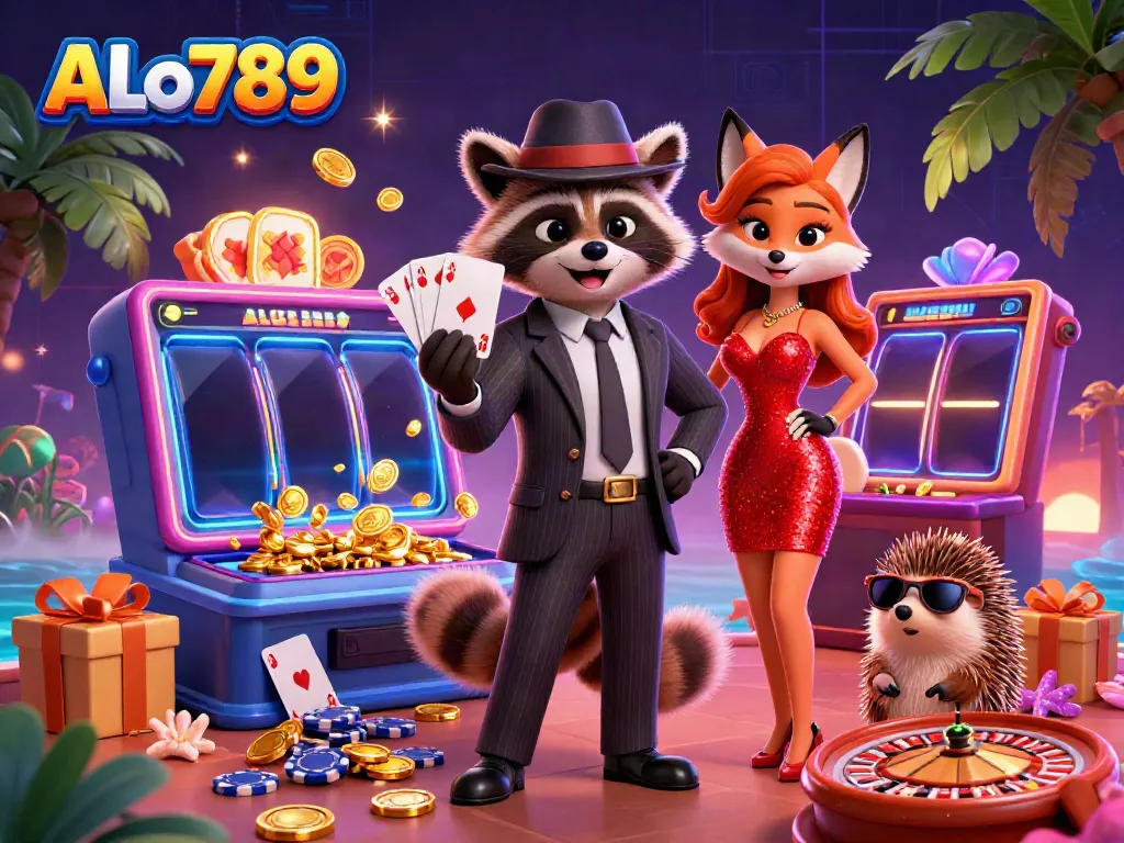 Experience ALo789's thrilling casino vibes with raccoon, fox, and hedgehog characters enjoying games and action.
