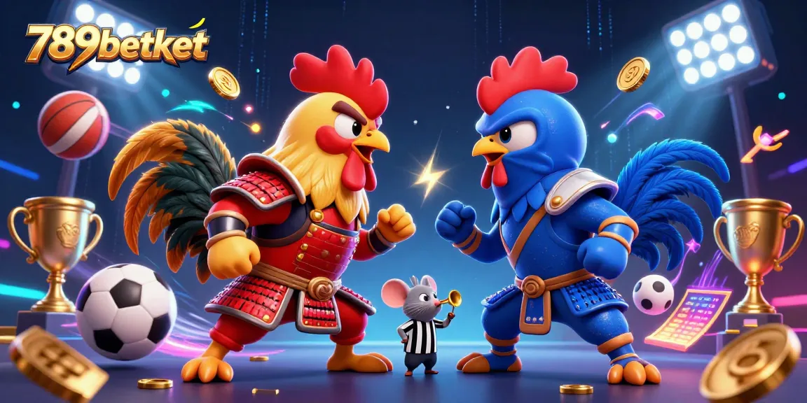 Enter the exciting world of 789betket with dynamic cartoon roosters in a fierce standoff amidst vibrant gaming elements.
