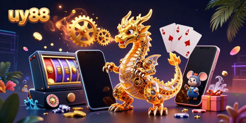 Experience a thrilling gaming adventure with the uy88 dragon and engineer amidst vibrant casino elements.